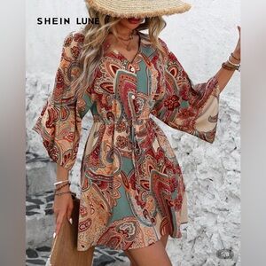 🩷 3/$18 SHEIN abstract v neck Bohemian Paisley Print mini dress batwing sleeves
